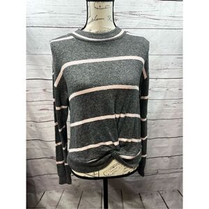 June & Hudson Gray Striped Twist Front Long Sleeve Top, Casual Crewneck Pullover